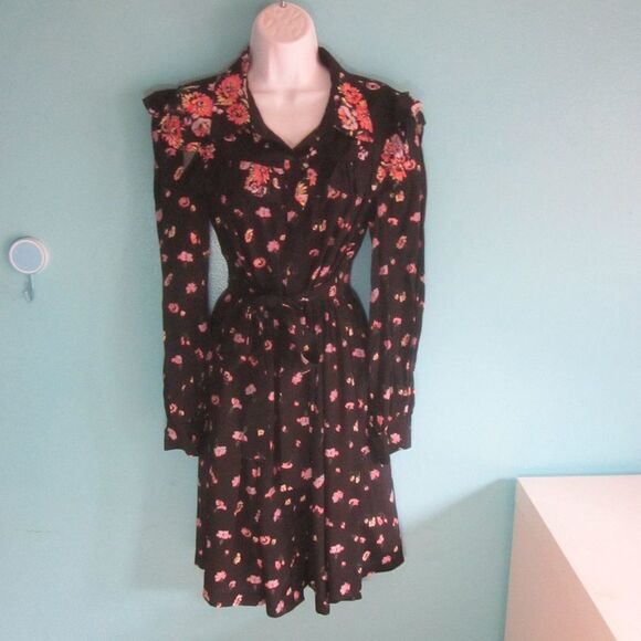 Jill Stuart Womens Size M VINTAGE 90's Black Floral Dress Button Front  36" Bust - Picture 1 of 11